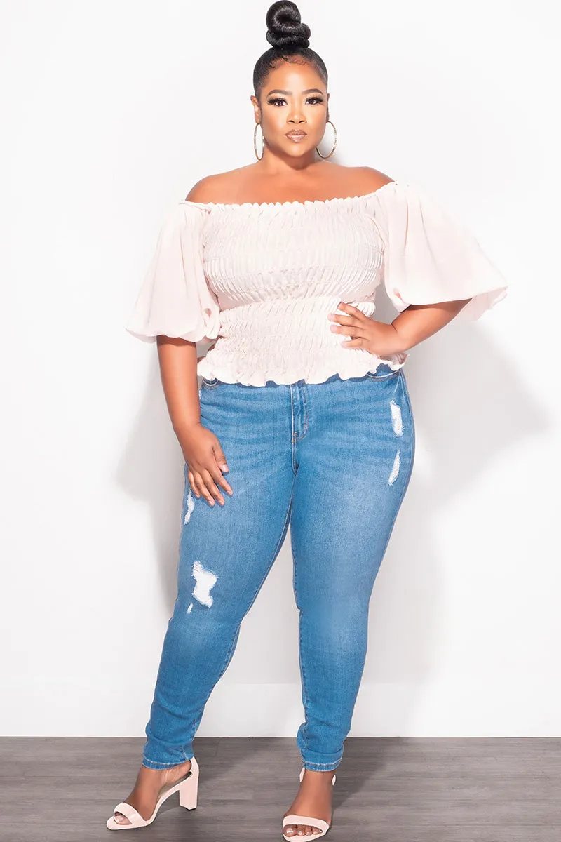 Final Sale Plus Size Off the Shoulder Smocked Top in Tan High Stretch Fit