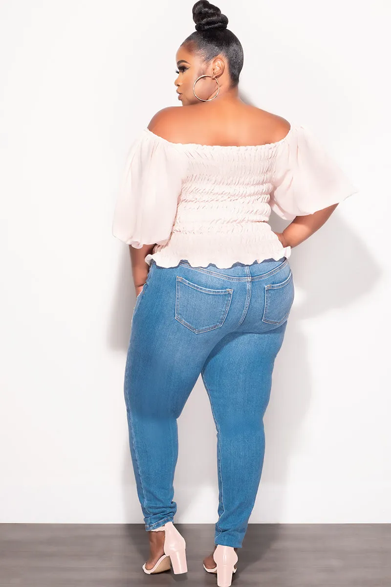 Final Sale Plus Size Off the Shoulder Smocked Top in Tan SecureClosures