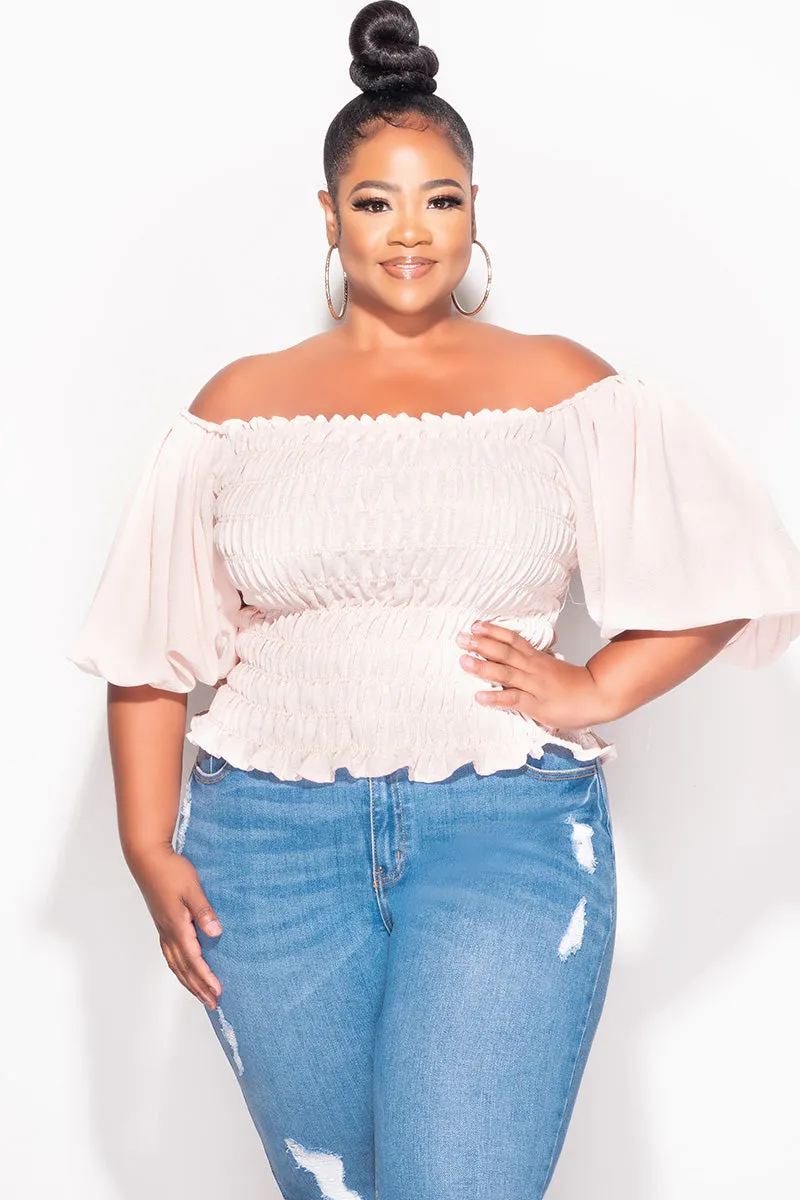 Essential Comfort Flex Wear Final Sale Plus Size Off the Shoulder Smocked Top in Tan