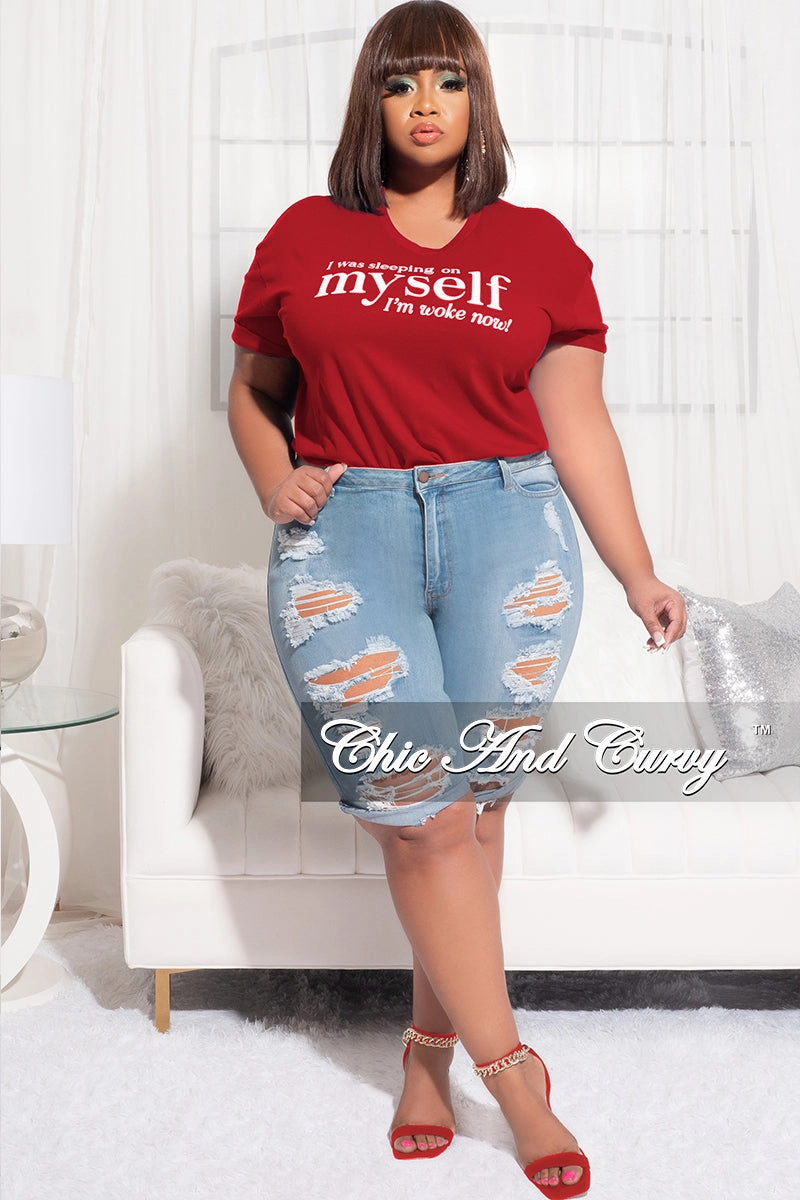Smooth Fit Lining Sleek Design Final Sale Plus Size Short Sleeve Crew Neck I Was Sleeping On Myself I'm Woke Now T-Shirt in Red