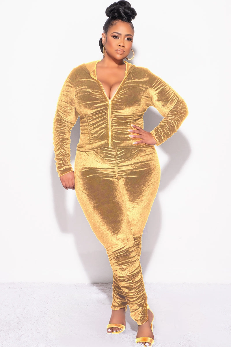 Final Sale Plus Size 2pc Ruched Hooded Zip-Up Top and Pants Set in Mustard Velvet Cozy Lining Essential Wear