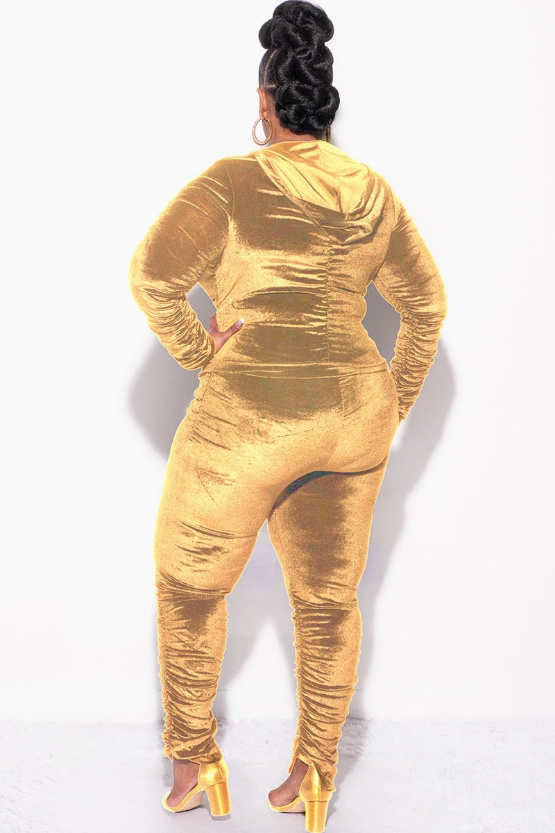 Travel Ready Fit Comfy Material Final Sale Plus Size 2pc Ruched Hooded Zip-Up Top and Pants Set in Mustard Velvet