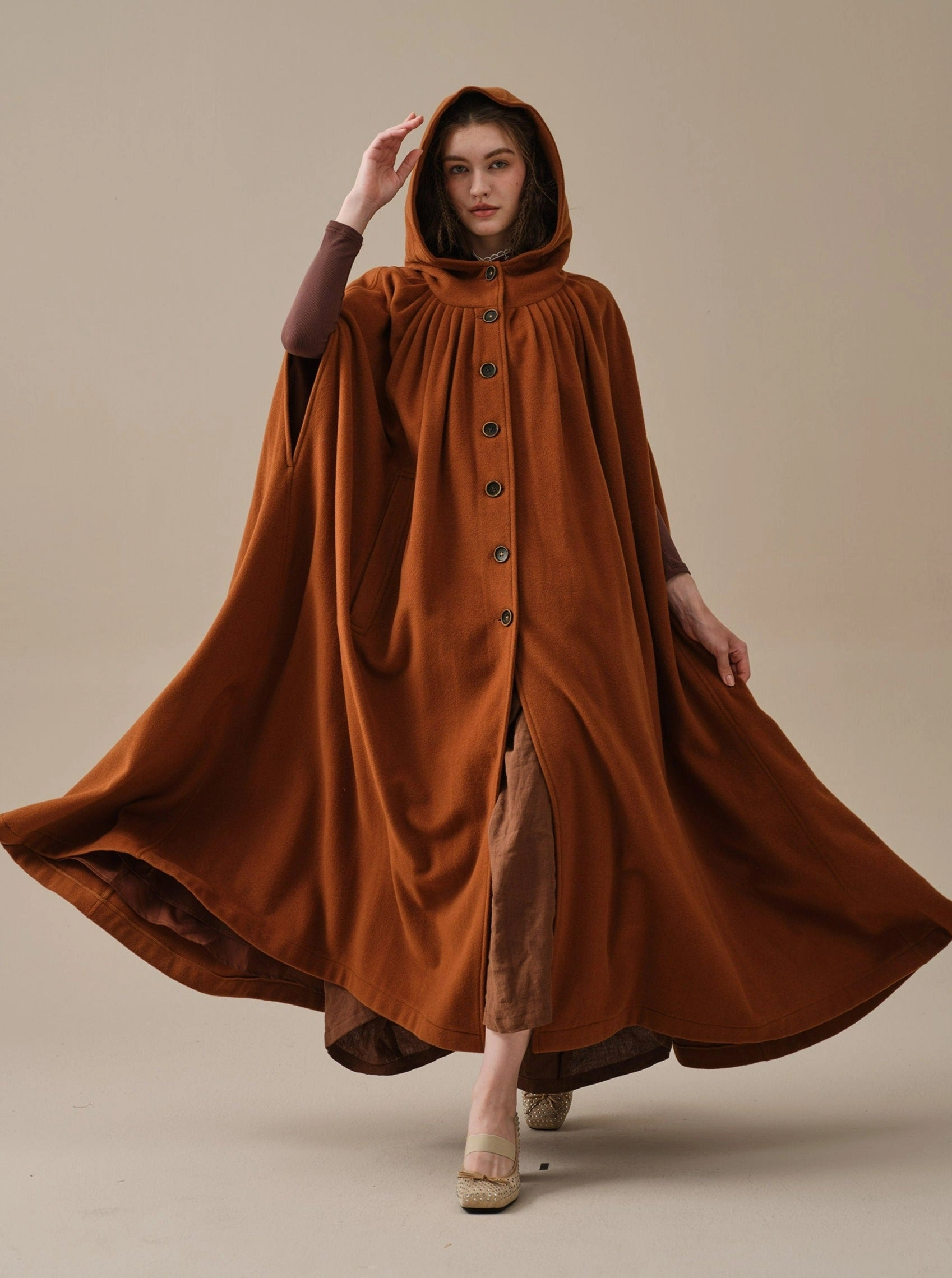 Biodegradable Fabric ARIEL 14 | HOODED WOOL CLOAK COAT