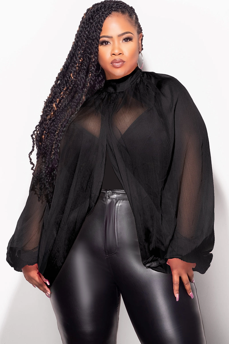 Final Sale Plus Size Sheer Balloon Sleeve Crop Top in Black Hygienic Coating Layering Essential