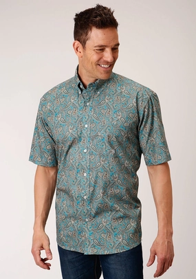 Roper Mens Blue 100% Cotton Saddle Paisley BD S/S 1 Pkt Shirt Layering Essential