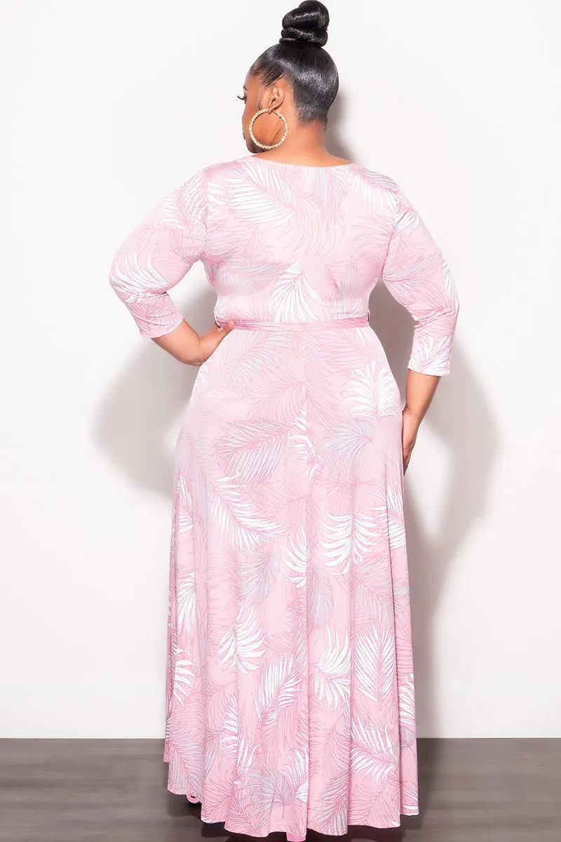 Final Sale Plus Size Faux Wrap Dress in Pink Palm Print Smooth Texture