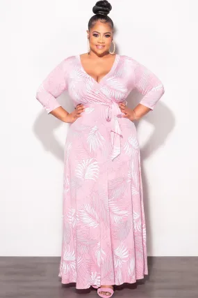 Cozy Stretch Final Sale Plus Size Faux Wrap Dress in Pink Palm Print