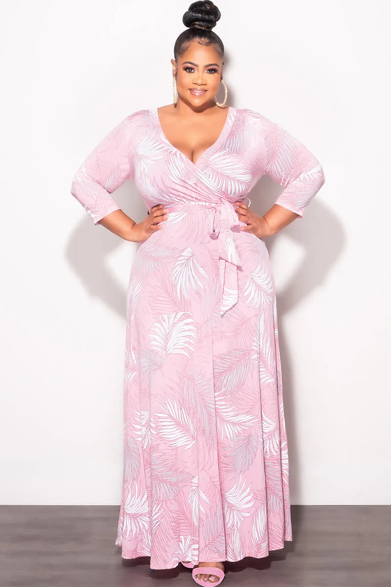 Final Sale Plus Size Faux Wrap Dress in Pink Palm Print Water-resistant Water Resistant Finish