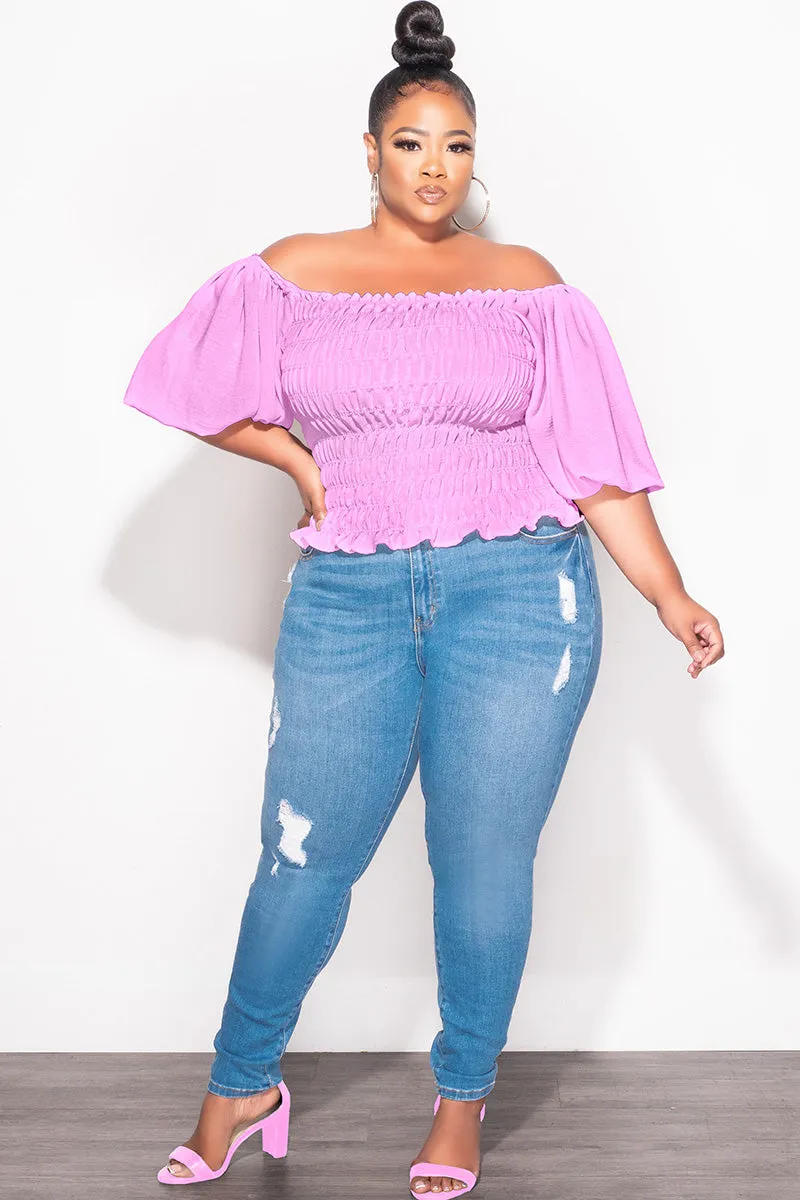Final Sale Plus Size Off the Shoulder Smocked Top in Lavender Functional Waist clean design