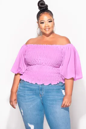 Light Shape Slim Fit Wear Final Sale Plus Size Off the Shoulder Smocked Top in Lavender