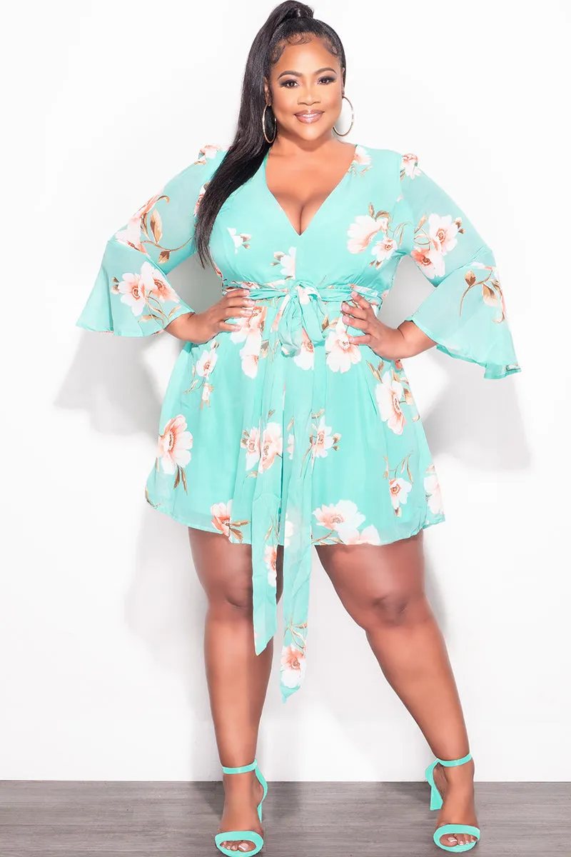 Final Sale Plus Size Chiffon Faux Wrap Bell Sleeve Romper in Teal Floral Print Slim Silhouette Effortless Look