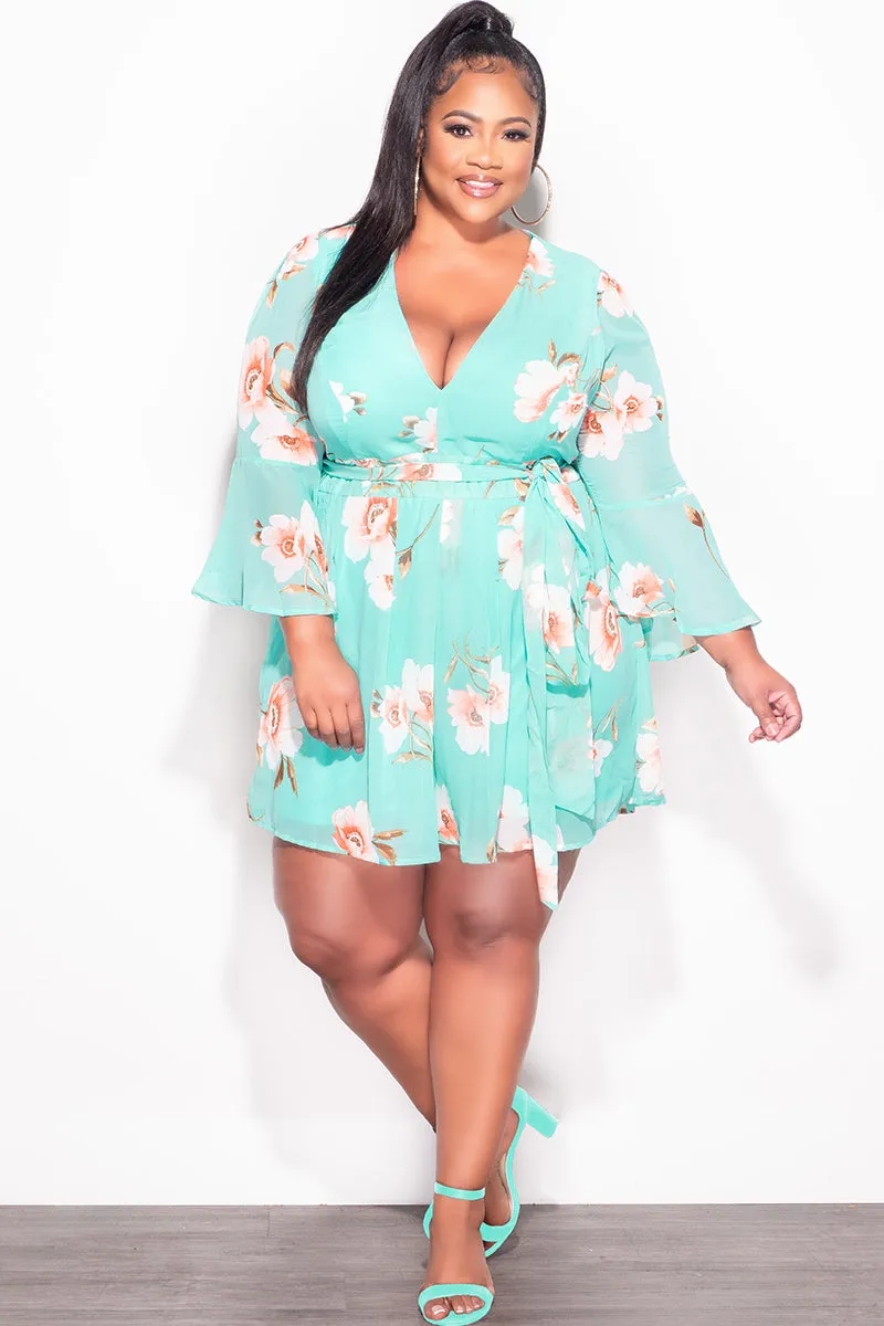 Seamless construction Eco Friendly Dye Final Sale Plus Size Chiffon Faux Wrap Bell Sleeve Romper in Teal Floral Print