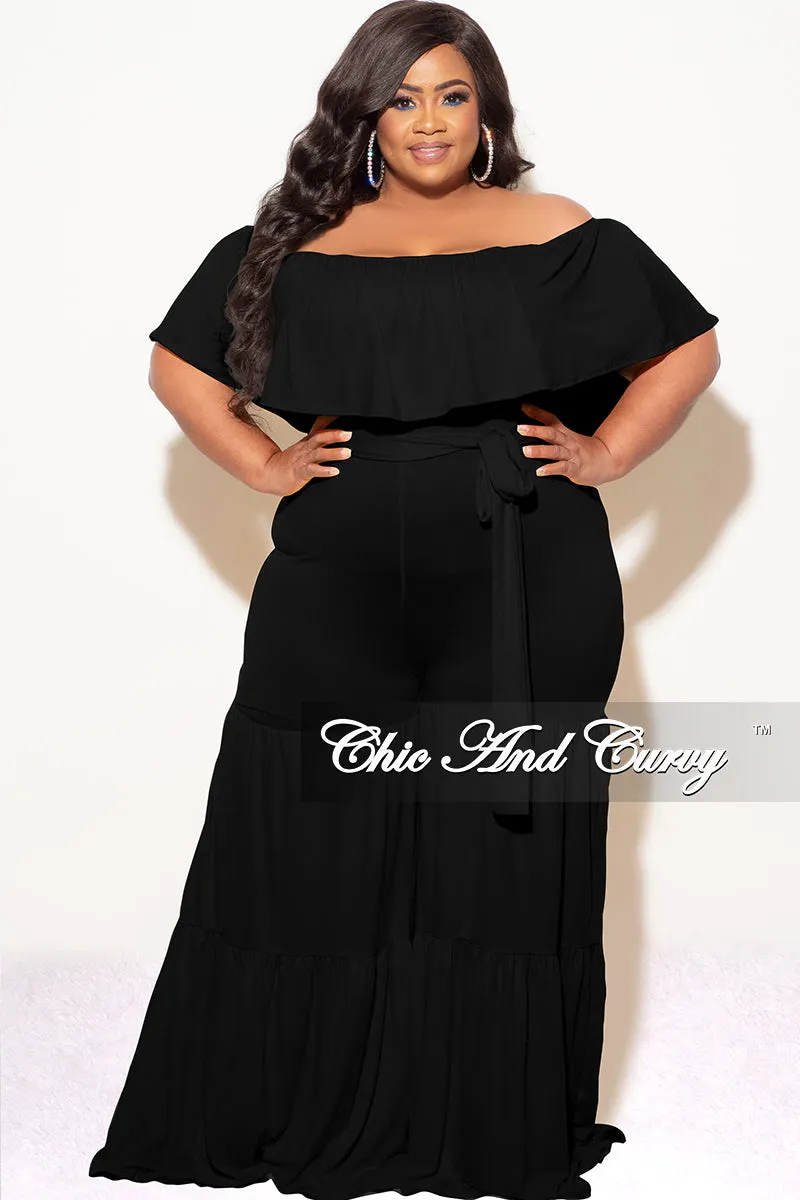 Final Sale Plus Size Off The Shoulder Jumpsuit in Black Bold Waistband Flat Seams