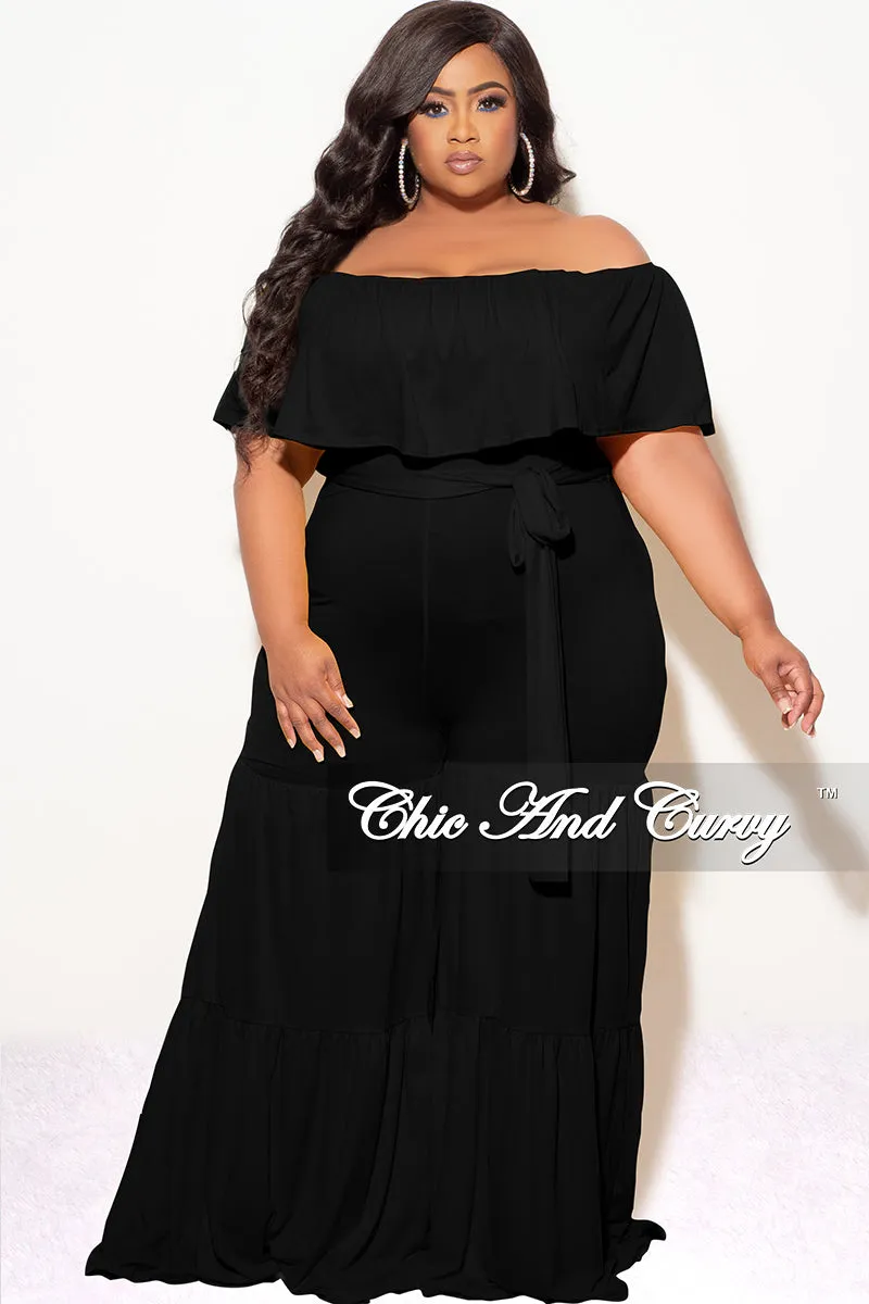 Final Sale Plus Size Off The Shoulder Jumpsuit in Black Utility Pockets Side zipper