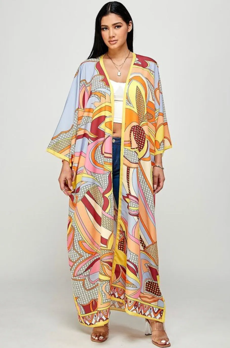 QuickDryTech Quick Access Pockets Final Sale Plus Size Caftan in Orange and Yellow Multi Color Design Print