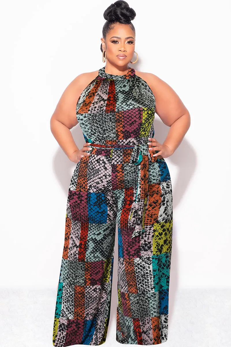 Final Sale Plus Size Halter Jumpsuit with Attached Tie Belt in Multi Color Snake Skin Print Stretch Layer Fit Base Layer