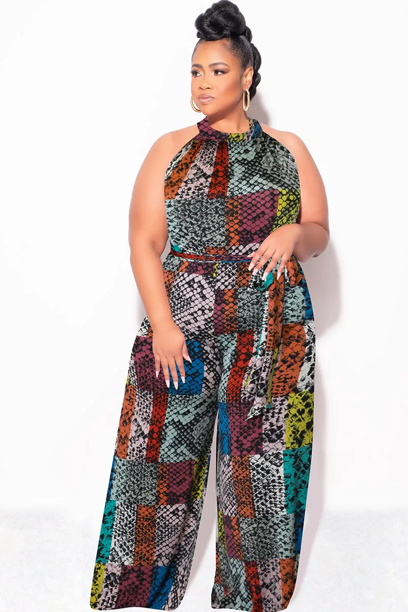 Final Sale Plus Size Halter Jumpsuit with Attached Tie Belt in Multi Color Snake Skin Print Tough Style
