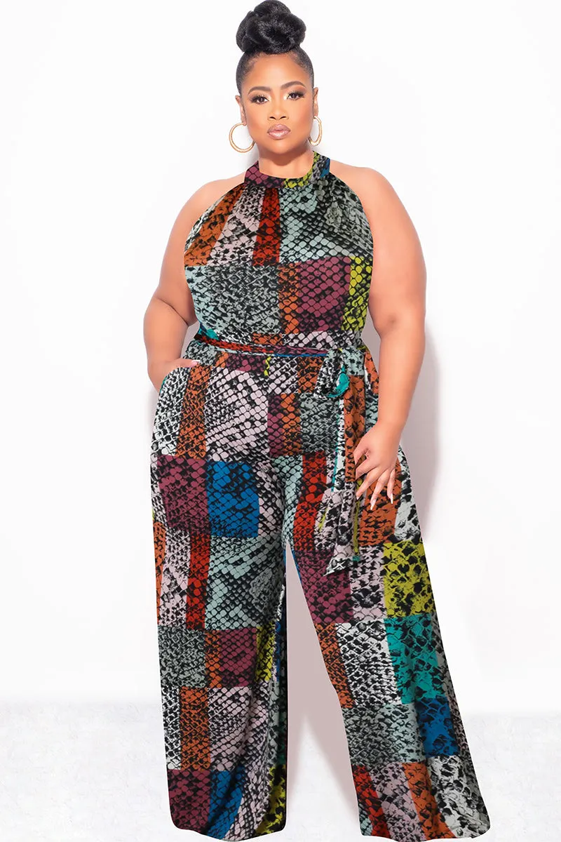 Final Sale Plus Size Halter Jumpsuit with Attached Tie Belt in Multi Color Snake Skin Print Lightweight Fabric Secure Cuff Design