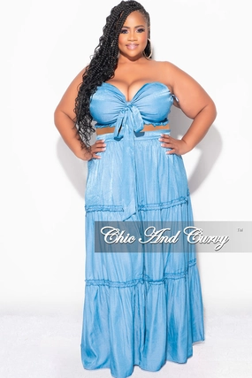 Smart Utility Final Sale Plus Size 2pc Strapless Crop Top and Maxi Skirt Set in Denim