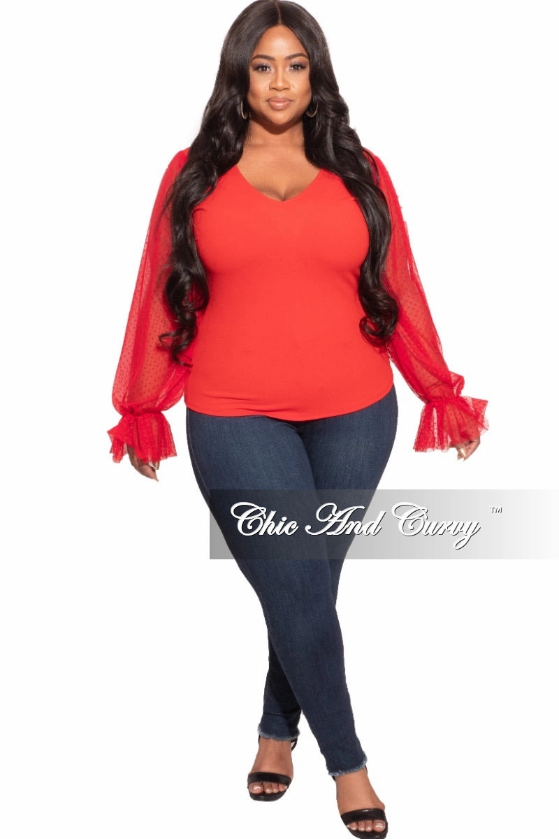 Final Sale Plus Size Tunic Top with Mesh Sleeves in Red Casual Edge Lightweight Weave