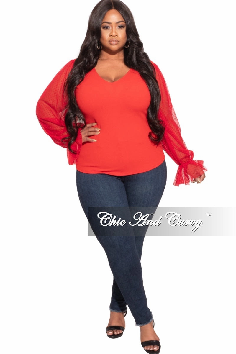 Final Sale Plus Size Tunic Top with Mesh Sleeves in Red Tight Fit Full Comfort