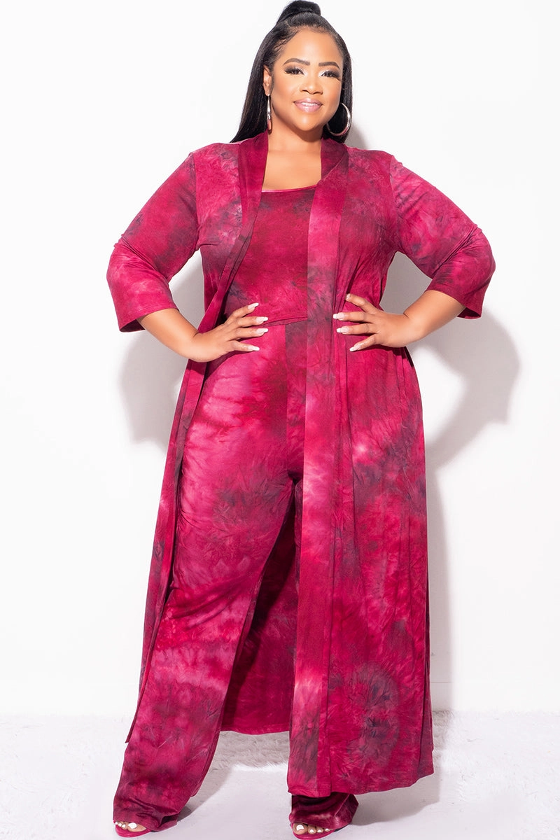 Non Irritating Body Aligned Final Sale Plus Size 3pc Set Duster, Tank, & Pants in Burgundy Tie Dye