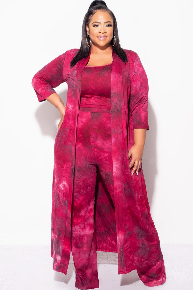 Multi Use Final Sale Plus Size 3pc Set Duster, Tank, & Pants in Burgundy Tie Dye