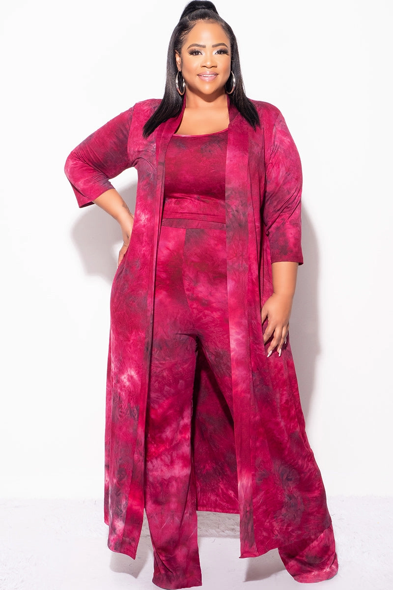 Final Sale Plus Size 3pc Set Duster, Tank, & Pants in Burgundy Tie Dye Perfect Silhouette Breathable mesh lining