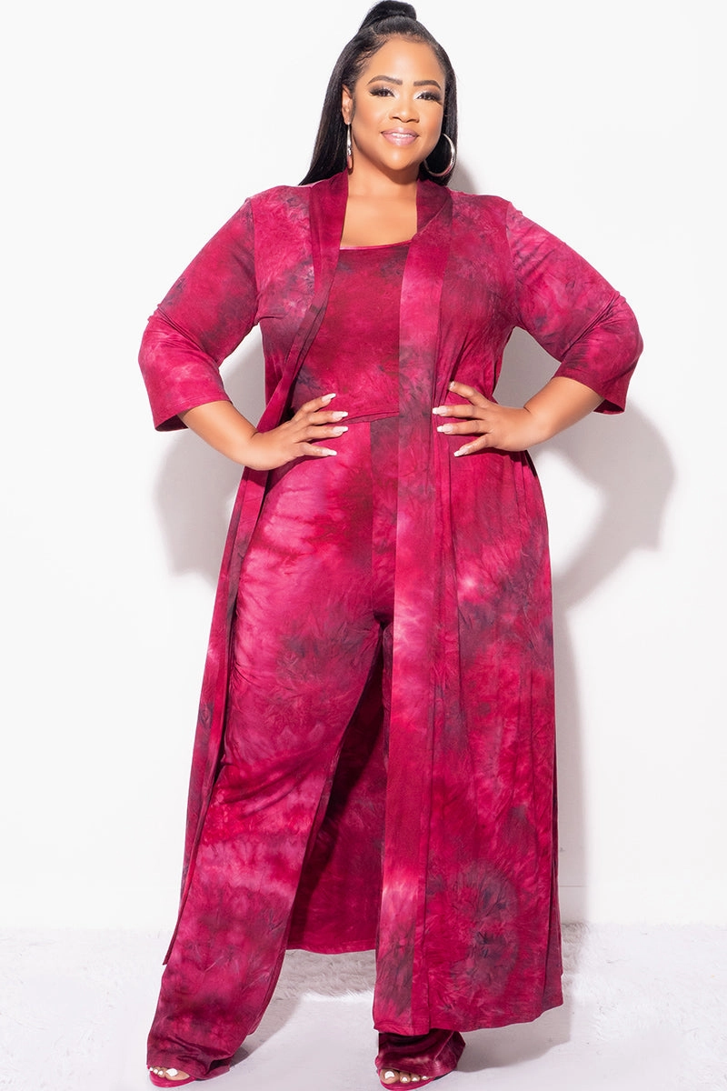 Functional Fashion Core Flex Final Sale Plus Size 3pc Set Duster, Tank, & Pants in Burgundy Tie Dye