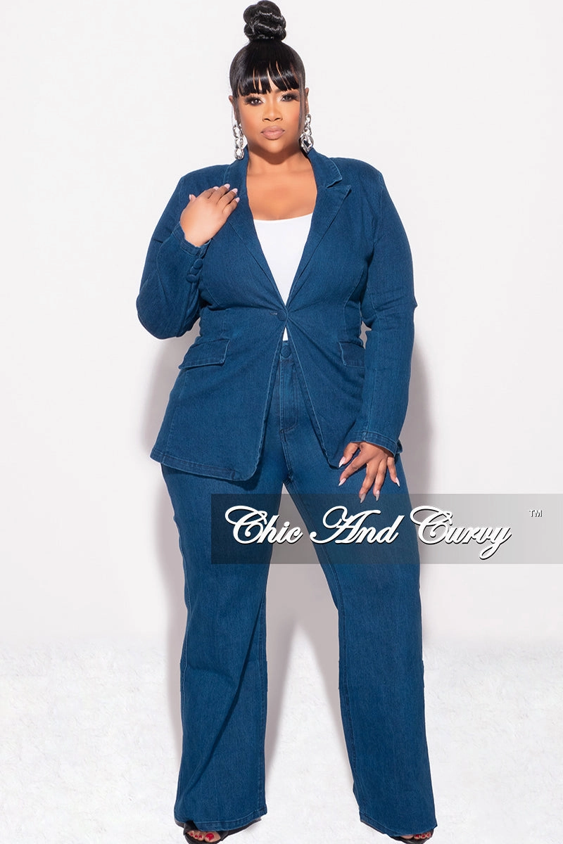 Final Sale Plus Size 2pc Blazer and Pants Set in Dark Denim Easy Care