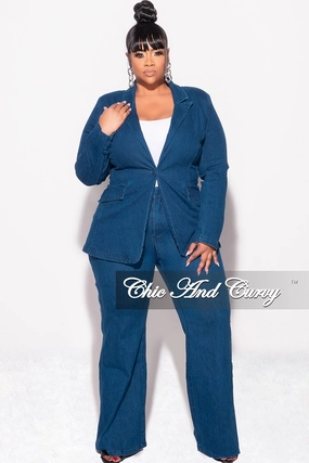 Final Sale Plus Size 2pc Blazer and Pants Set in Dark Denim Easy Care