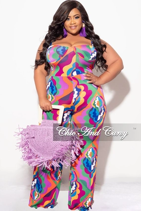 Flexible Leg Final Sale Plus Size Spaghetti Strap Jumpsuit in Multi Design Print