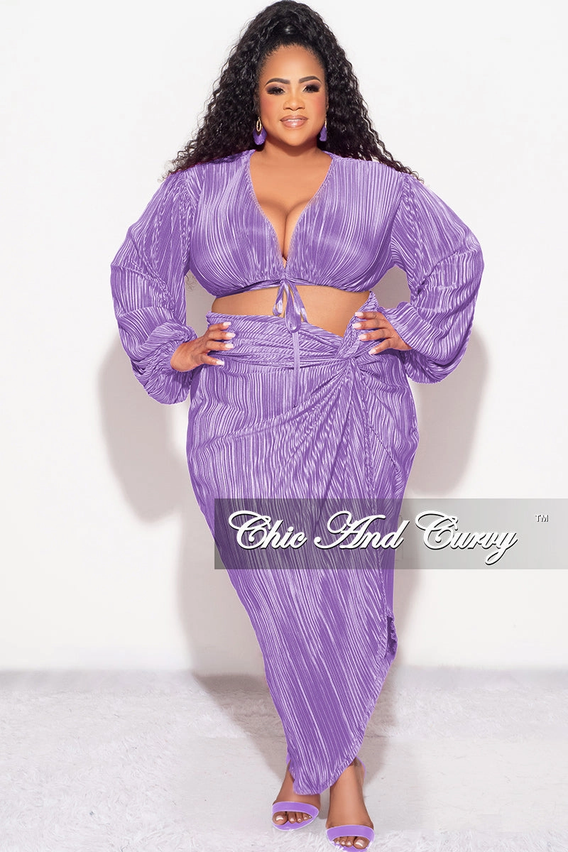 Cuffed hem Comfortable Design Final Sale Plus Size 2pc Pleated Crop Tie Top & Wrap Skirt Set in Lavender