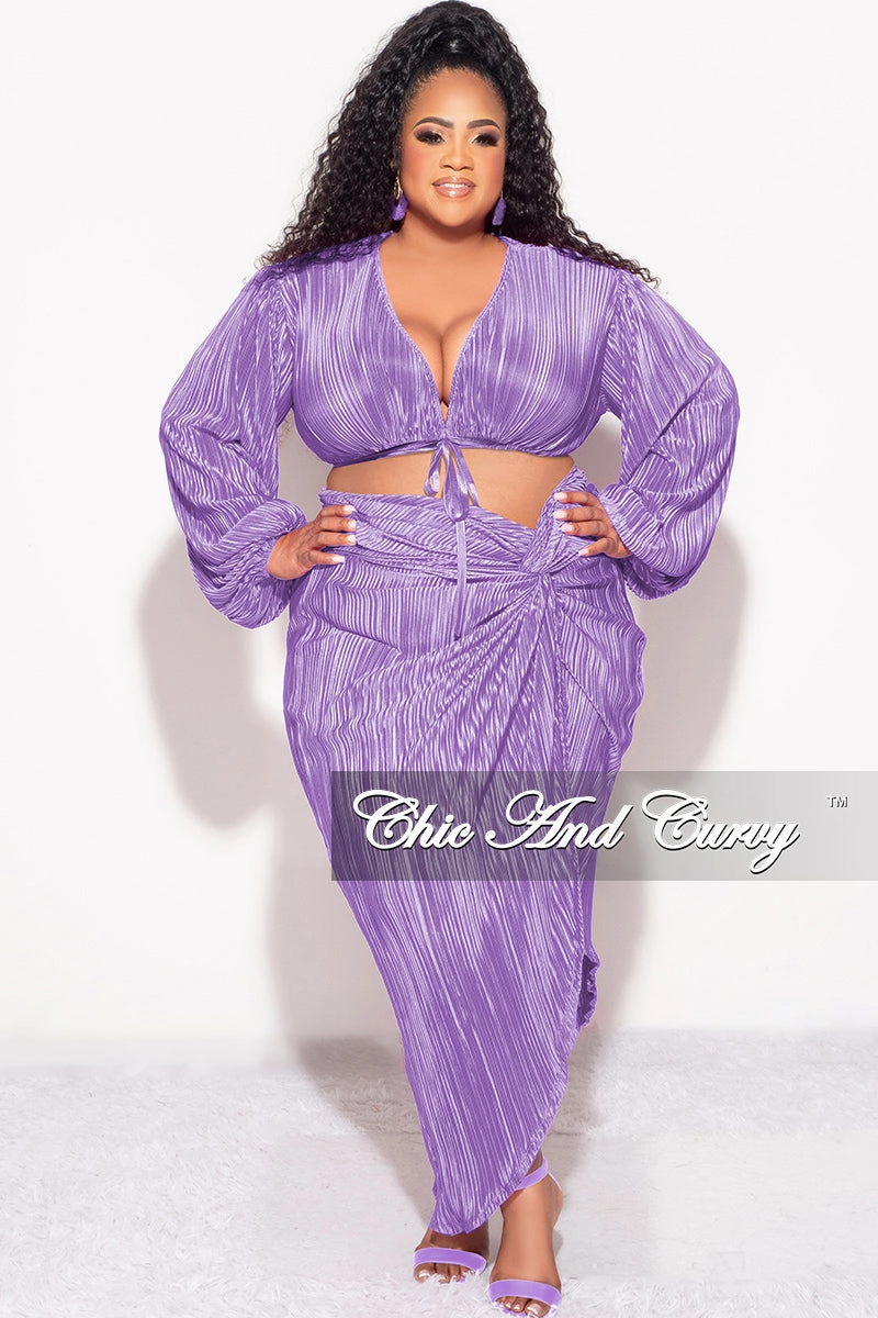 Perfect Shape MoistureWickingFabric Final Sale Plus Size 2pc Pleated Crop Tie Top & Wrap Skirt Set in Lavender