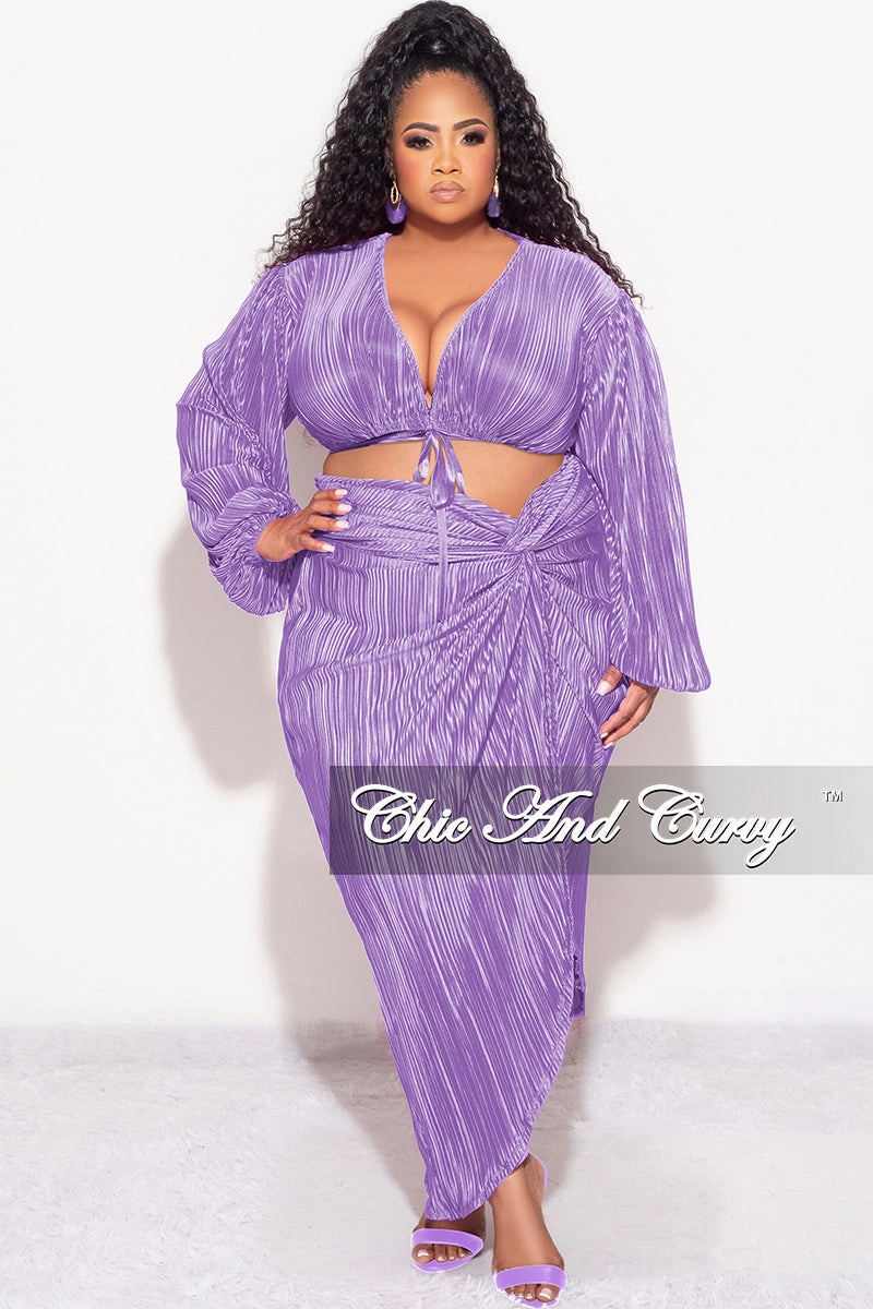 Final Sale Plus Size 2pc Pleated Crop Tie Top & Wrap Skirt Set in Lavender Comfy Movement