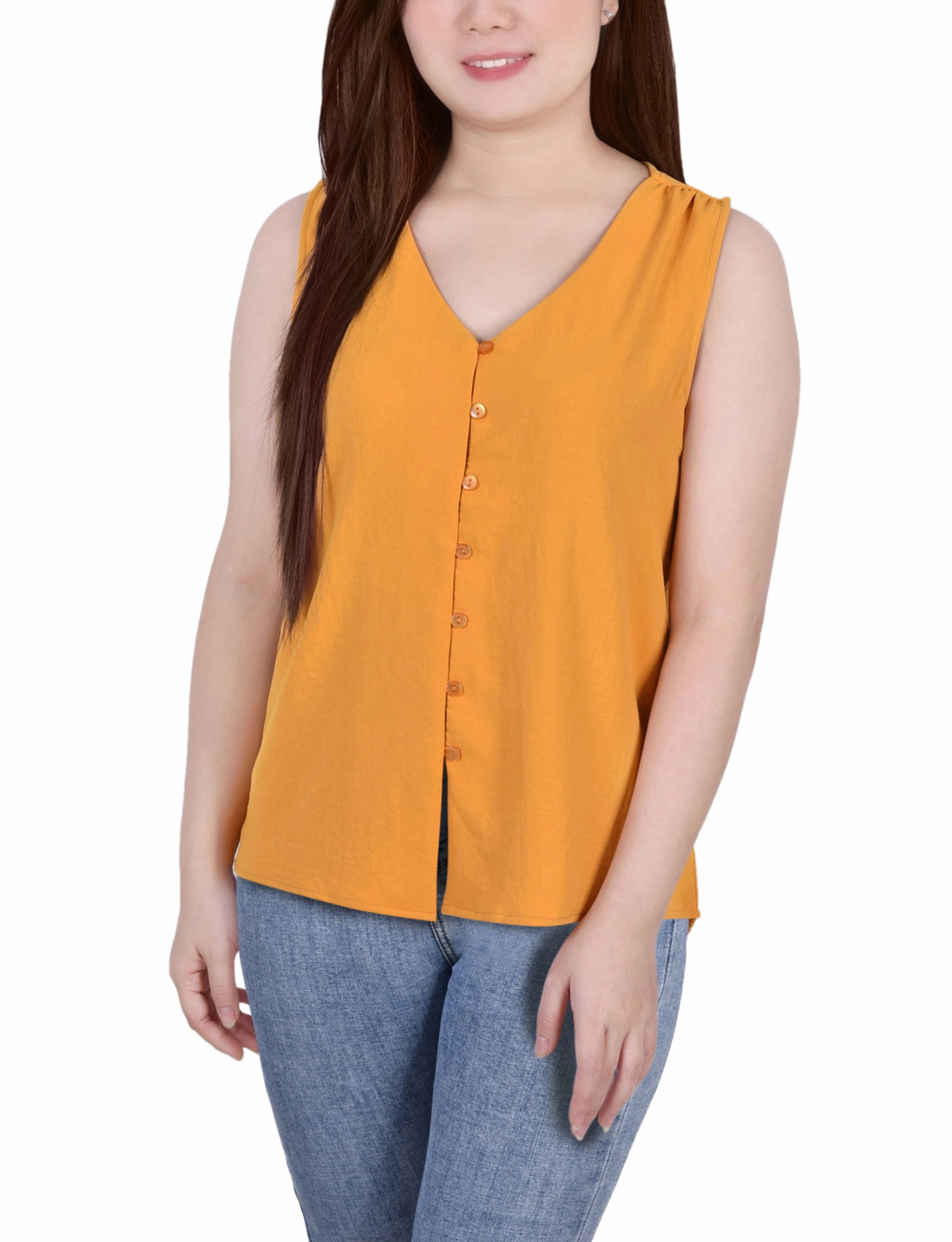 Curved Hem Design Sleeveless Button Front Blouse