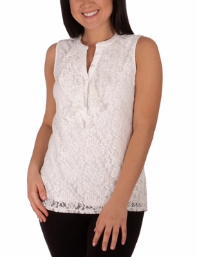 Comfy Layer Vintage Shirt Sleeveless Lace Ruffle Front Y Neck Top
