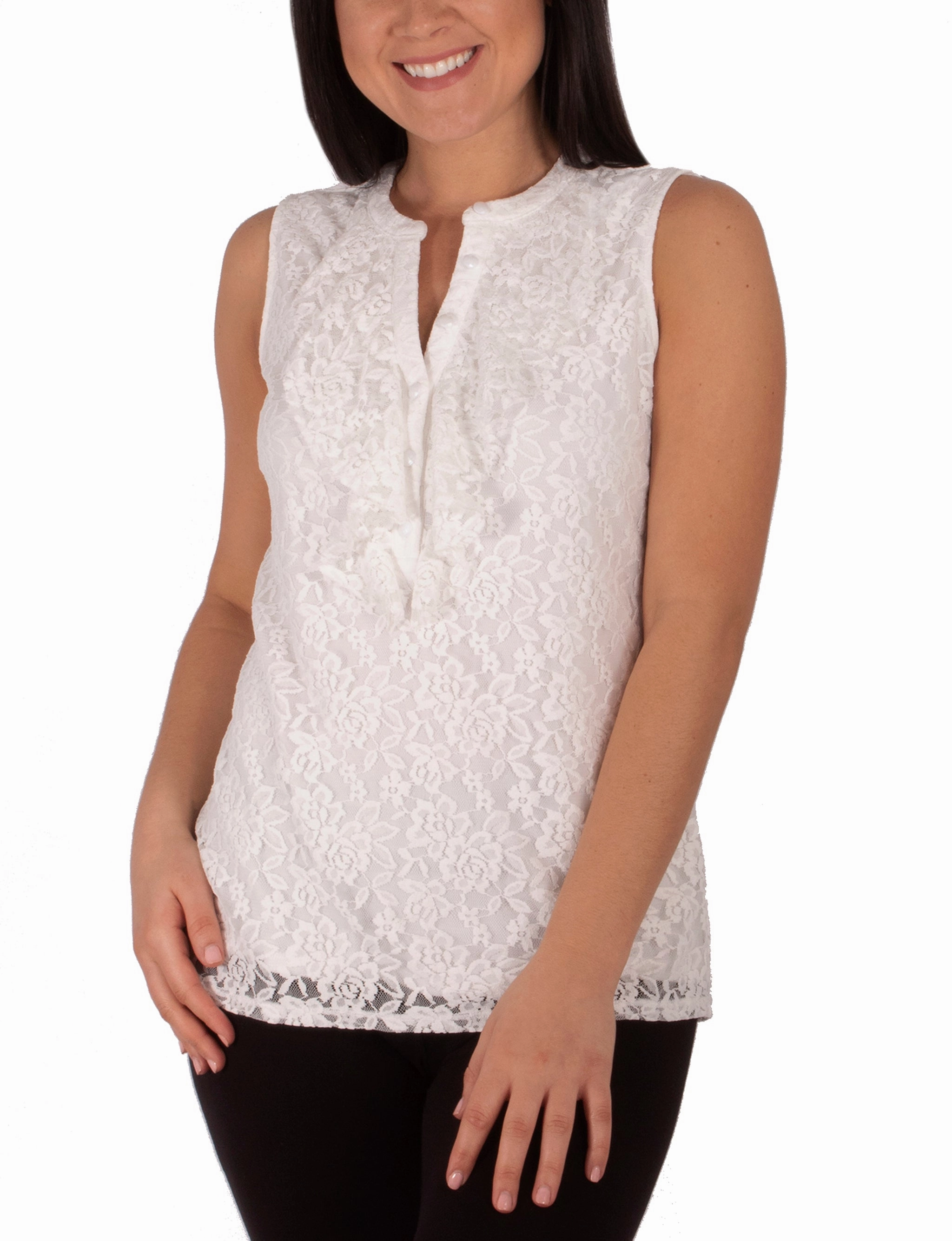 Comfy Layer Vintage Shirt Sleeveless Lace Ruffle Front Y Neck Top