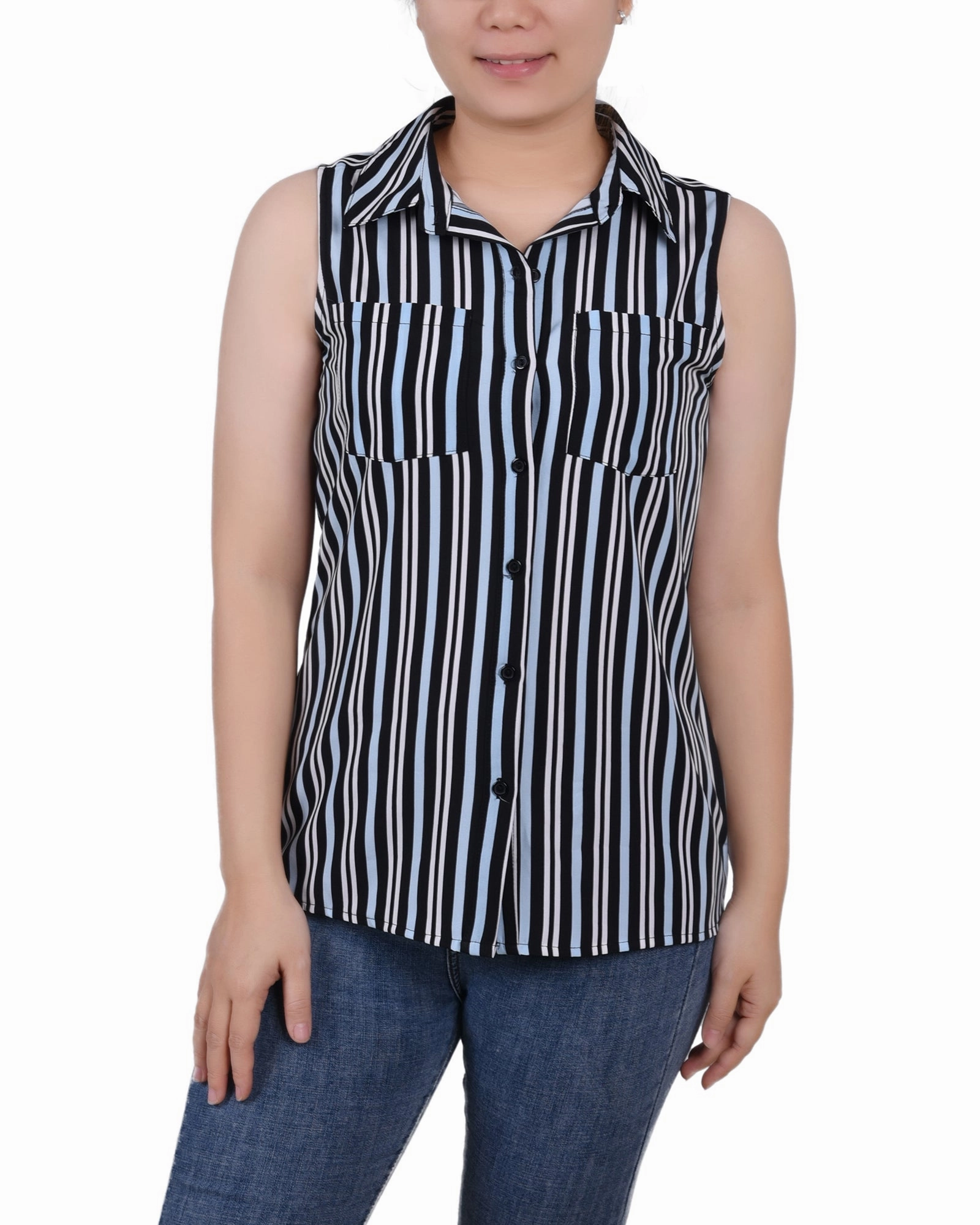 Airflow Mesh Panel Fashionable Tank Sleeveless Notch Collar Button Front Blouse