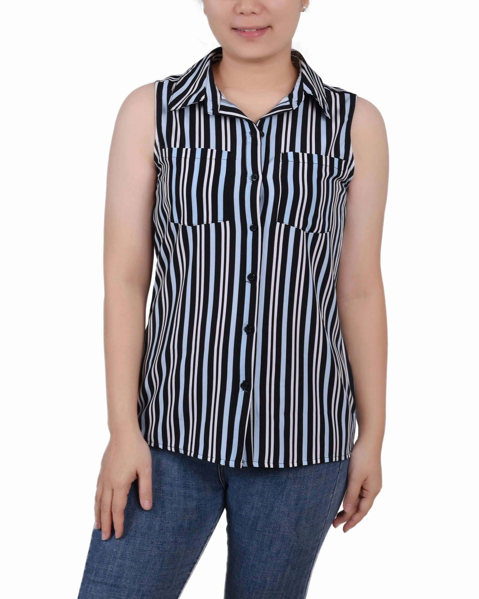 Sleeveless Notch Collar Button Front Blouse MeshPanel