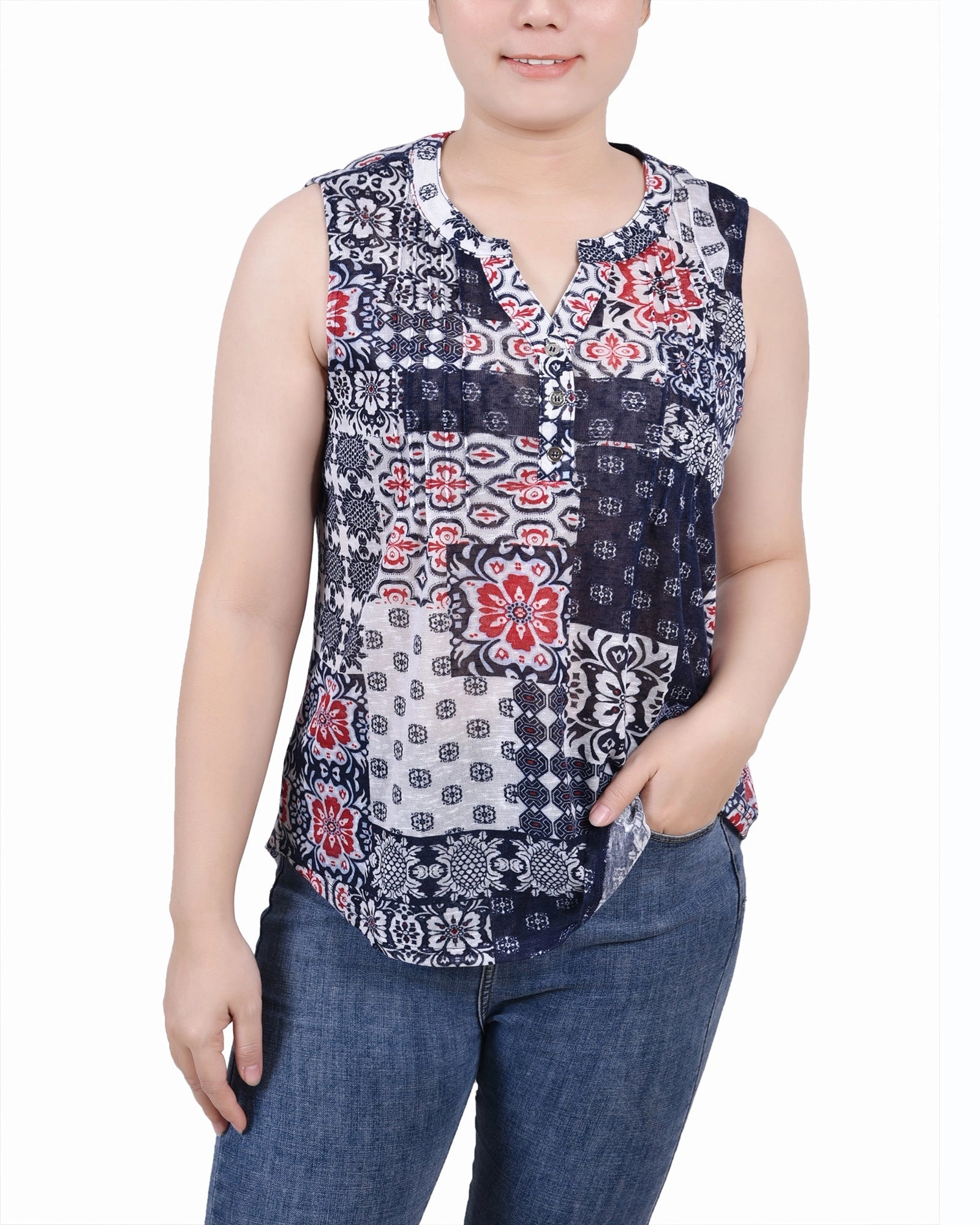 UltraFineMesh Ethically Sourced Material Sleeveless Slub Knit Y Neck Top