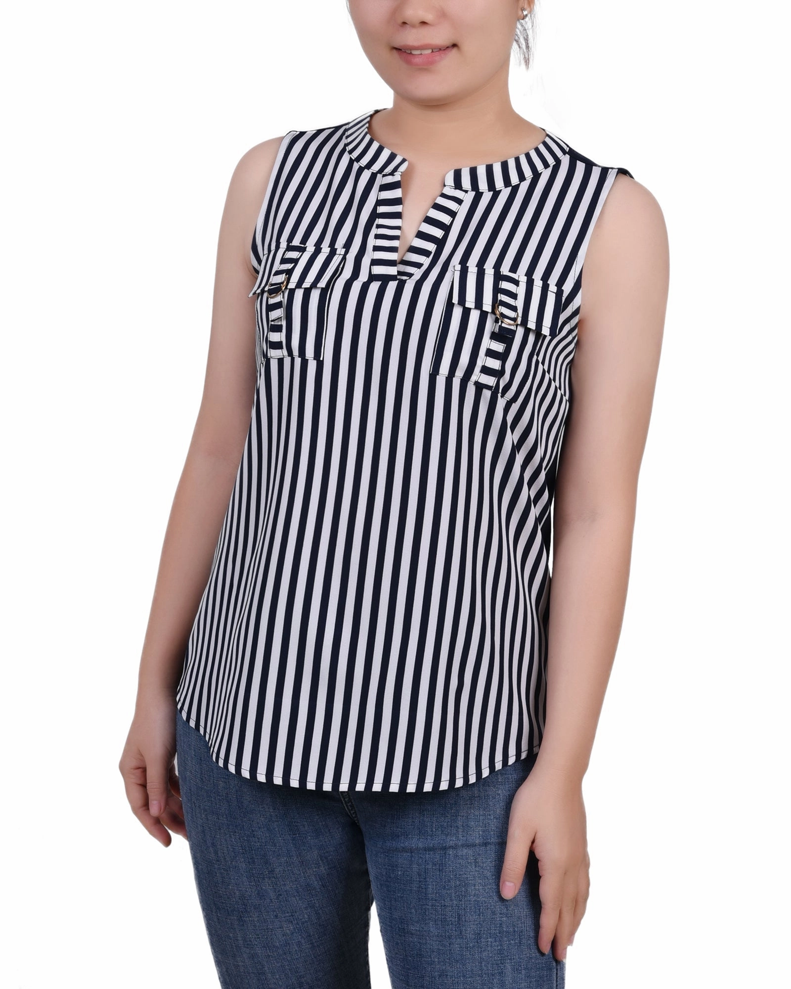 Sleeveless Y Neck Combo Blouse Reinforced Hemline SweatGuard Lining