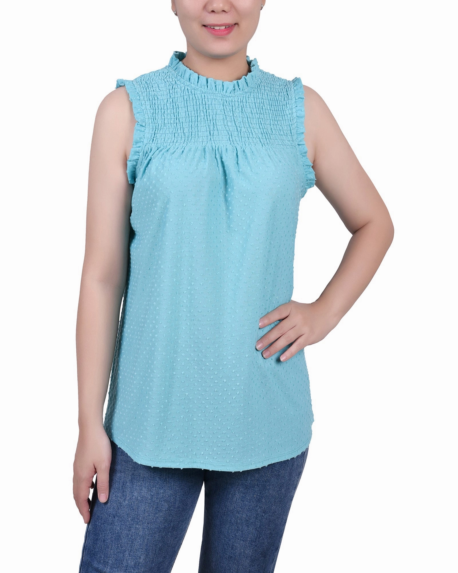 Sleeveless Yoke Top With Ruffles NonRestrictive Armholes Ribbed Trim Details