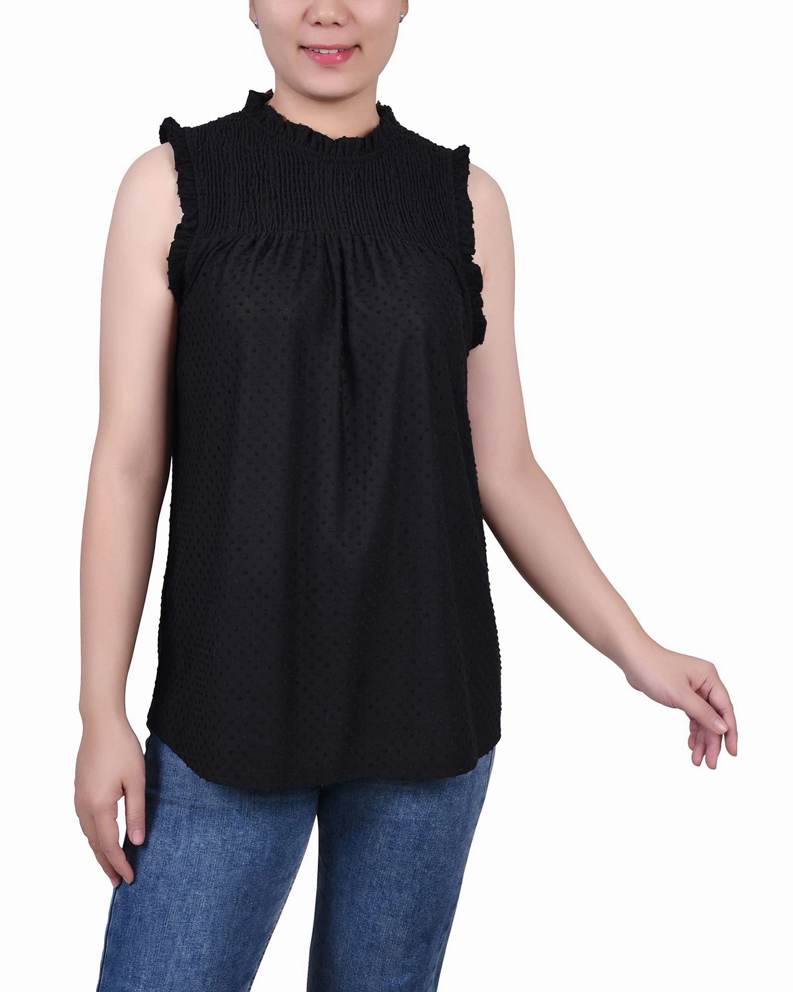 Sleeveless Yoke Top With Ruffles Non Closure Collar Oversized Collar