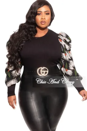 Perfect Layer Final Sale Plus Size Long Sleeve Ribbed Top with Puffy Sleeves in Black Floral Print