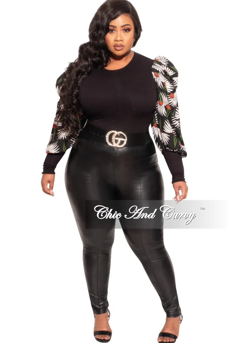 Tough Stretch Final Sale Plus Size Long Sleeve Ribbed Top with Puffy Sleeves in Black Floral Print