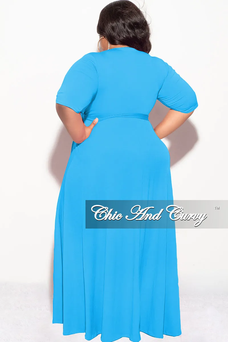 Final Sale Plus Size Deep V Faux Wrap with 3/4 Sleeves in Light Turquoise Non Tapered Leg Body Shape