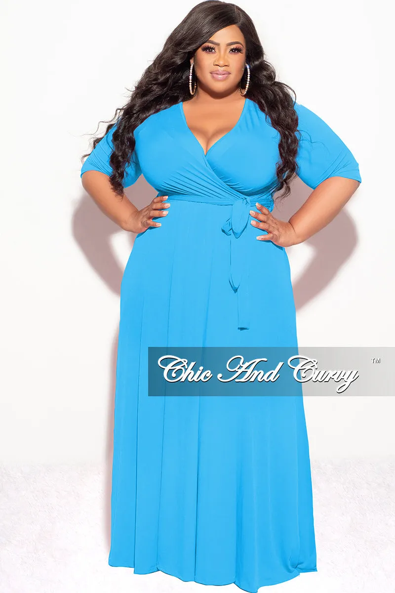 Final Sale Plus Size Deep V Faux Wrap with 3/4 Sleeves in Light Turquoise Stretch Fit Formal Look