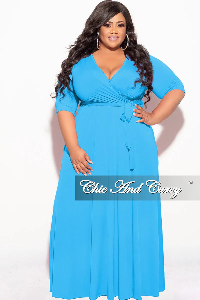 High Rise Final Sale Plus Size Deep V Faux Wrap with 3/4 Sleeves in Light Turquoise