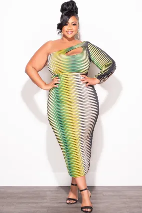 Casual Appeal Final Sale Plus Size One Shoulder Midi Dress in Green Tan Mustard and Black